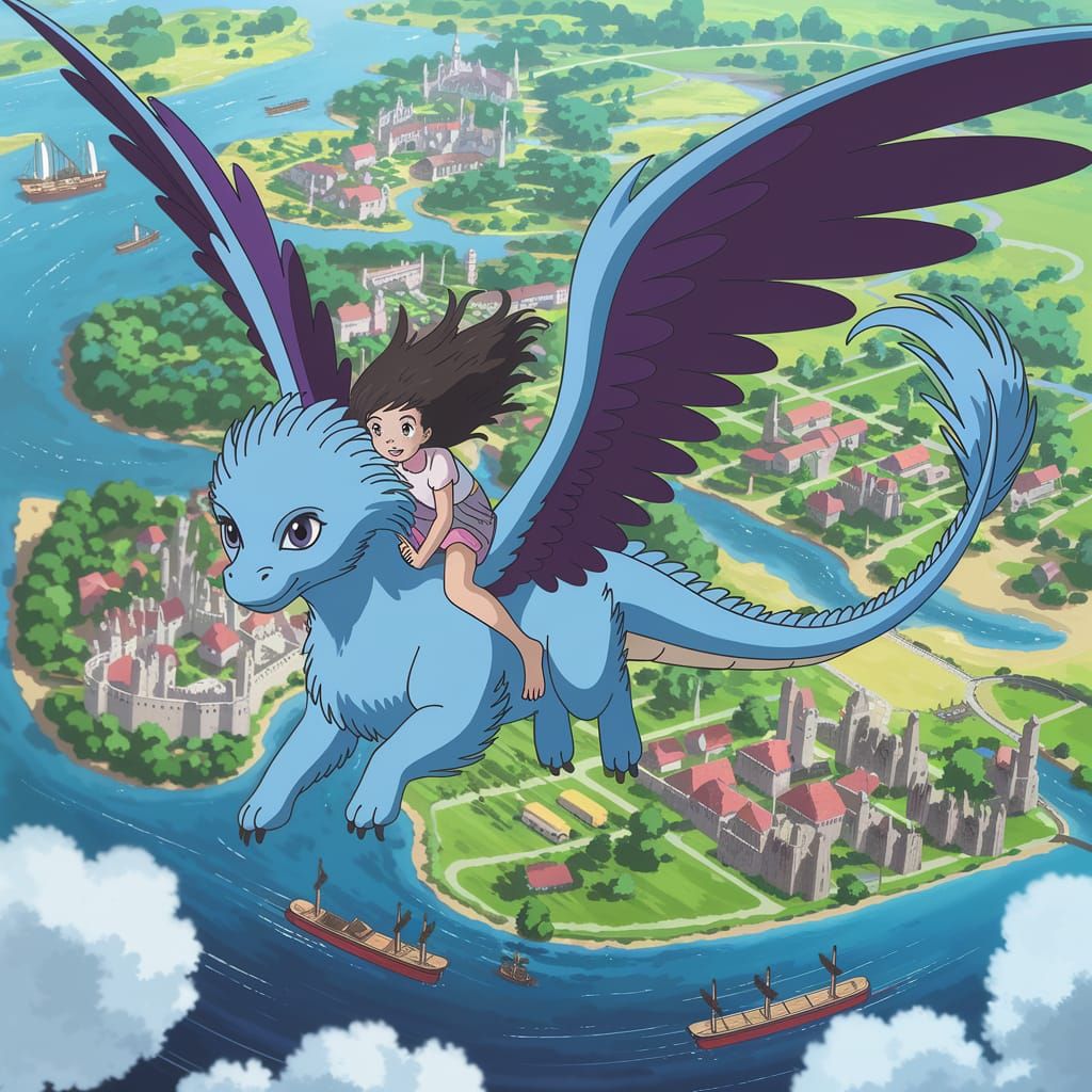 Girl Riding Elegant Blue Dragon Pup Through Magical Kingdom