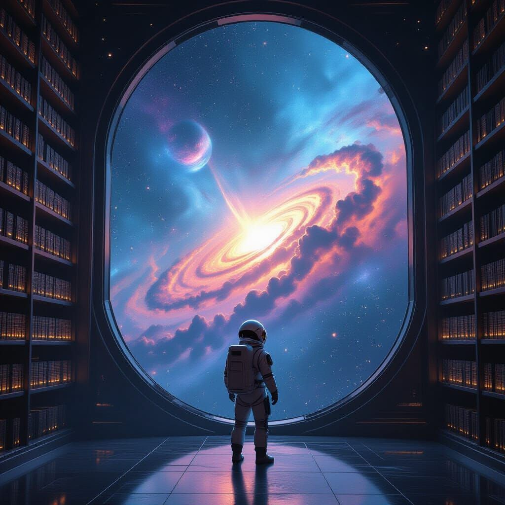Astronaut in Ancient Library Views Nebula, Digital Matte Pai...