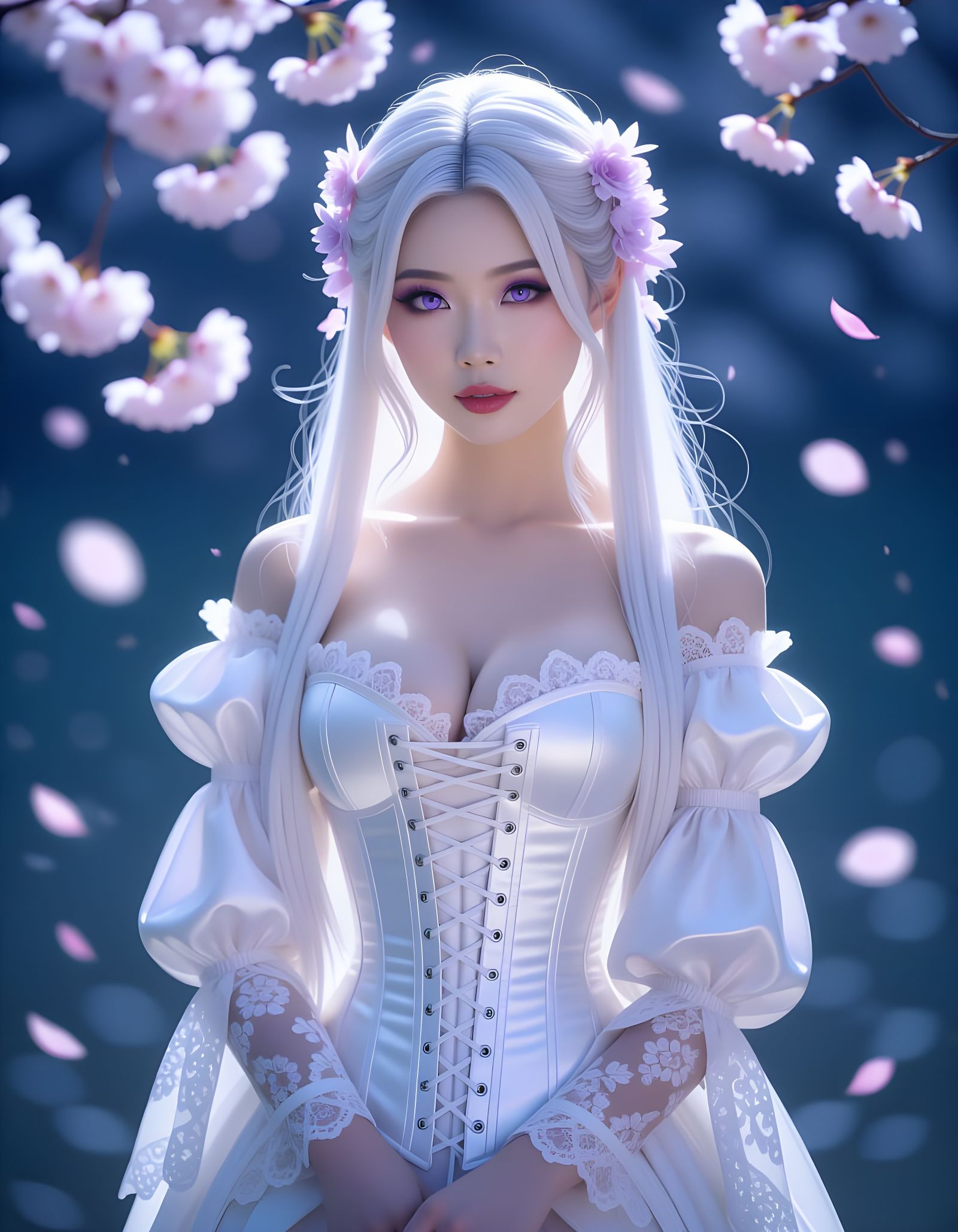 Elegant Asian Woman in White Corset with Floral Hair