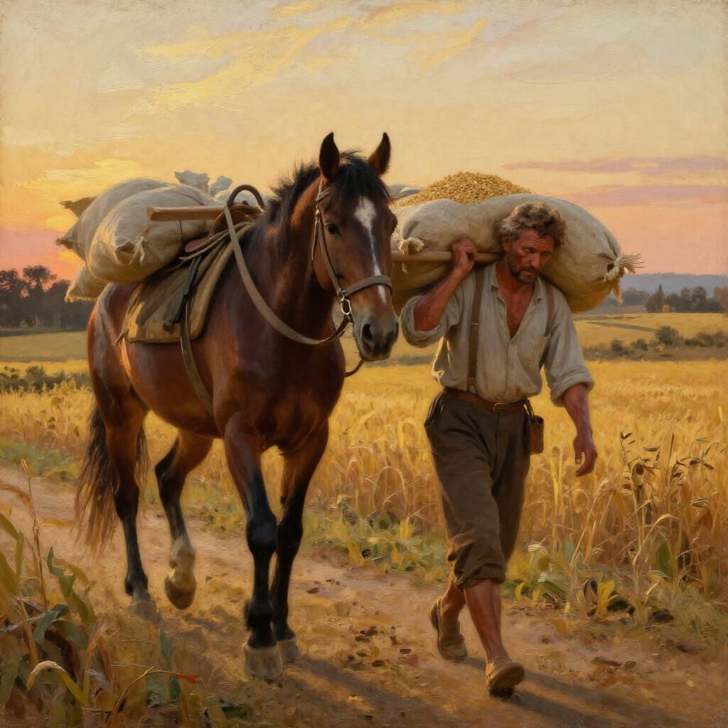 Farmer and Horse in Golden Sunset Fields