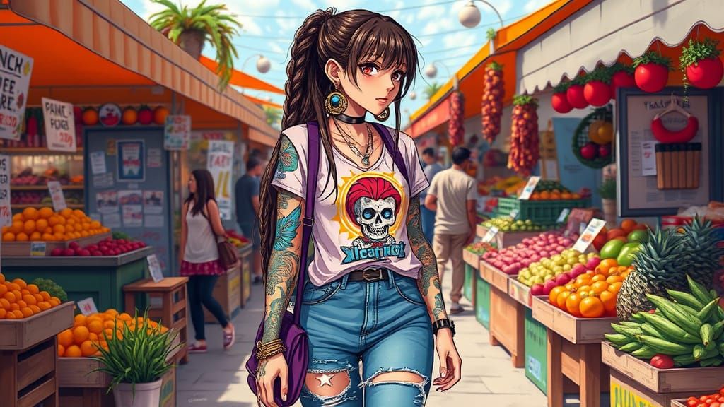 Solar-Punk Anime Female in Vibrant Farmers Market Scene