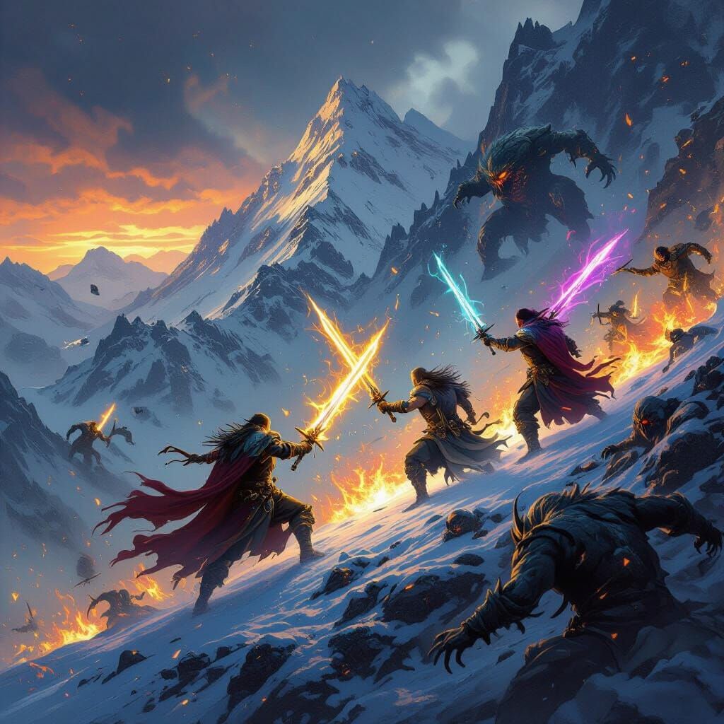 Epic Fantasy Heroes Battle Monsters on Snowy Mountain Peak