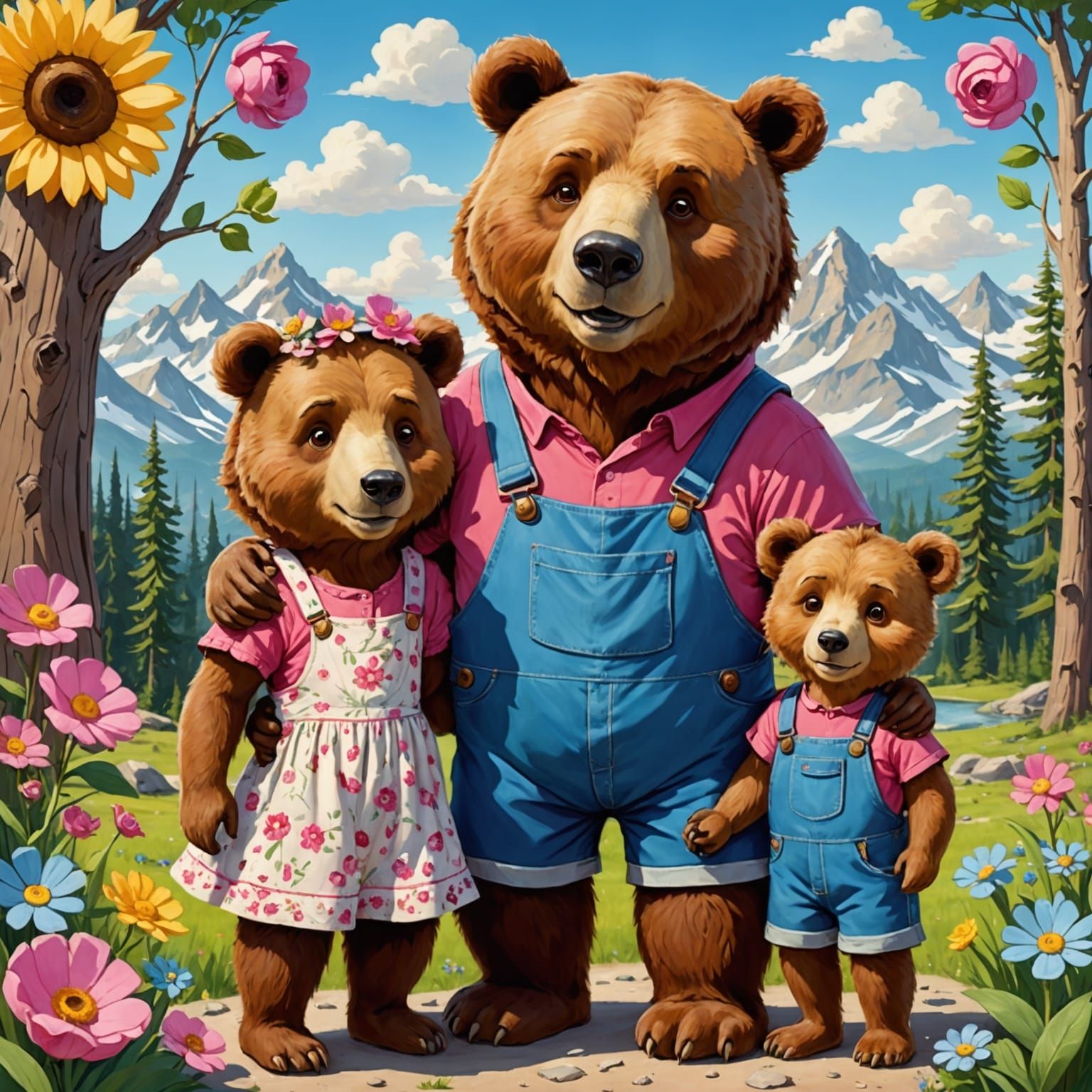 humanoid hyperdetailed "bearsteen bear with mama bear flower dress, papa bear over alls, brother bear red shirt blue sho...