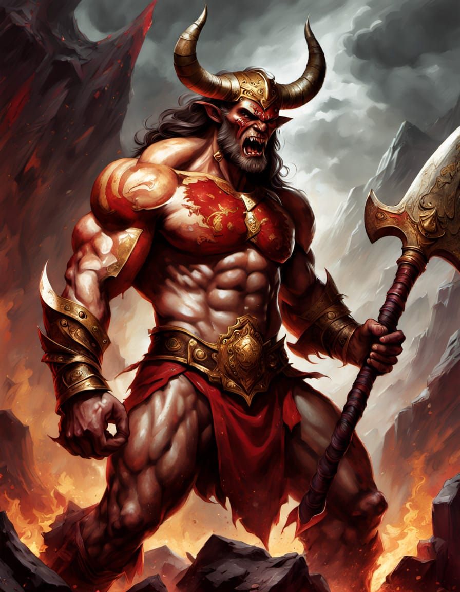 Mighty Minotaur Unleashes Fury in Dark, Smoldering Landscape