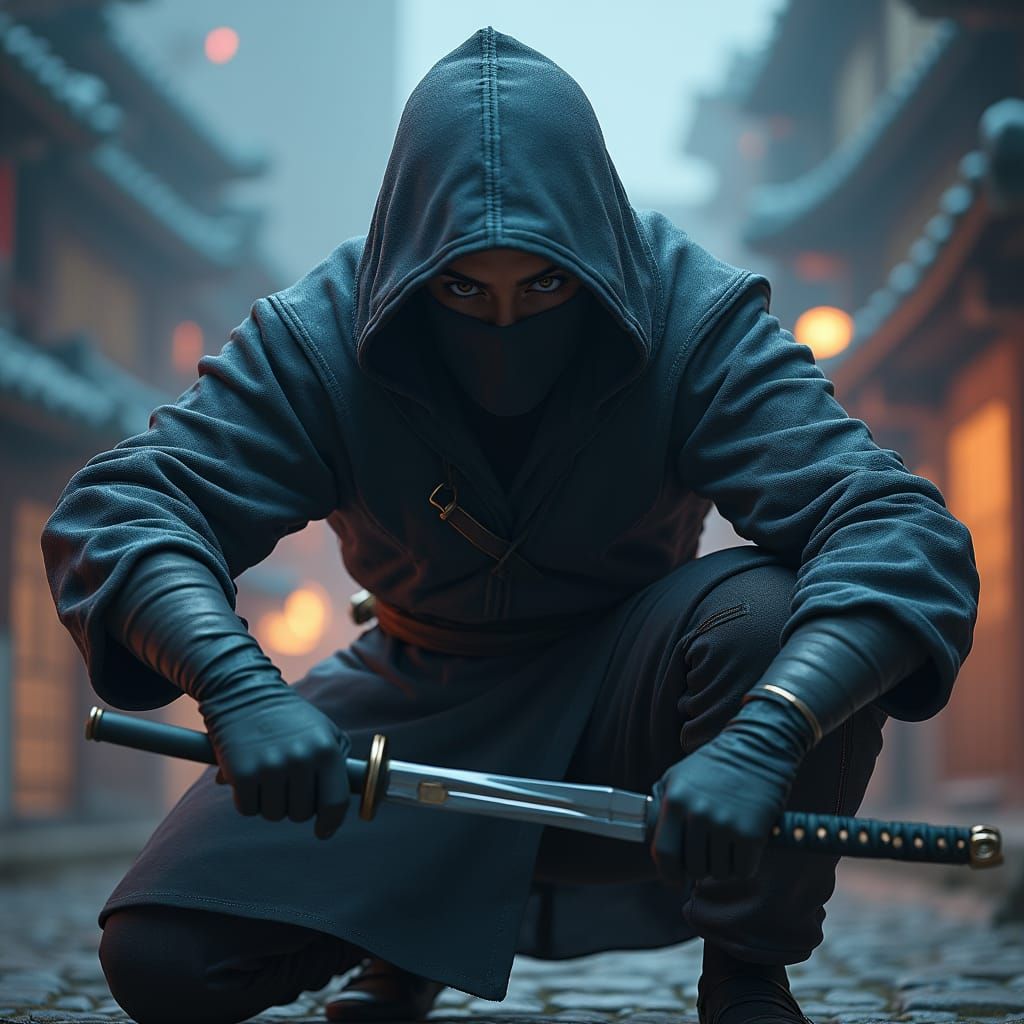 Dynamic Ninja Character in Stealthy Action Pose