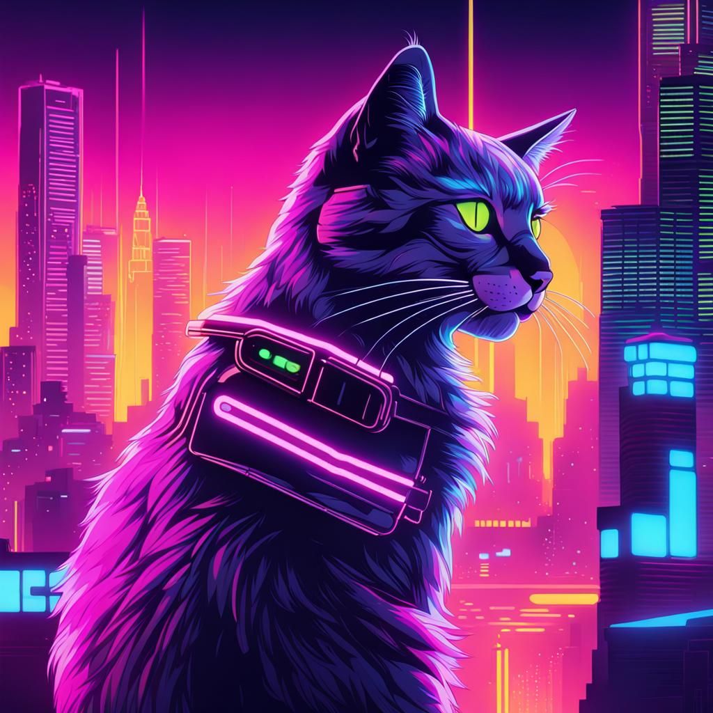 Cybercat Roams Neon City in Synthwave Style