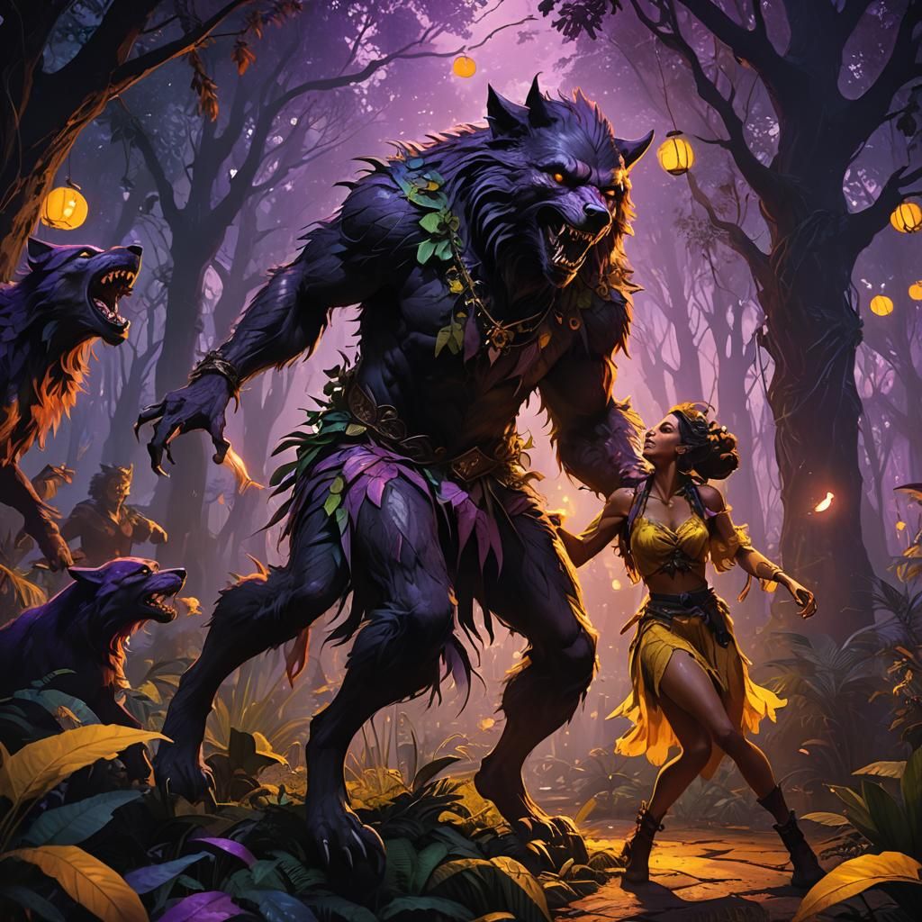 Werewolf and Girl Dancing at Halloween Party