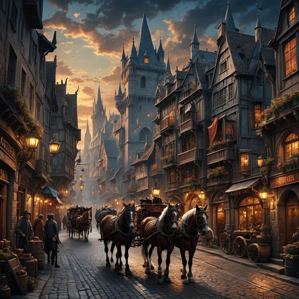 Medieval Carriage Rides Through Starry Night: Fantasy Art