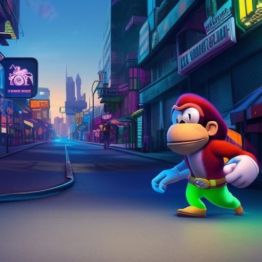 Donkey Kong in Neon Cityscape: Photorealistic 3D Render