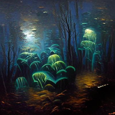 Underwater Forest at Night: An Oil Painting