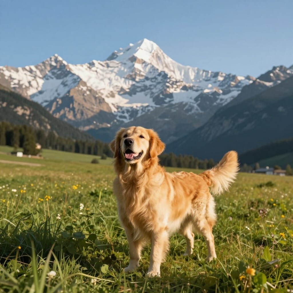 Golden Retriever in Meadow Before Majestic Mountains