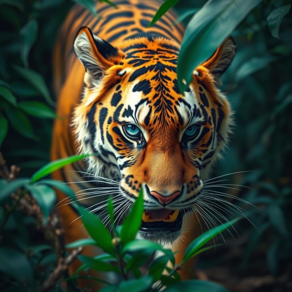Tiger Camouflaged in Jungle Hunting Prey