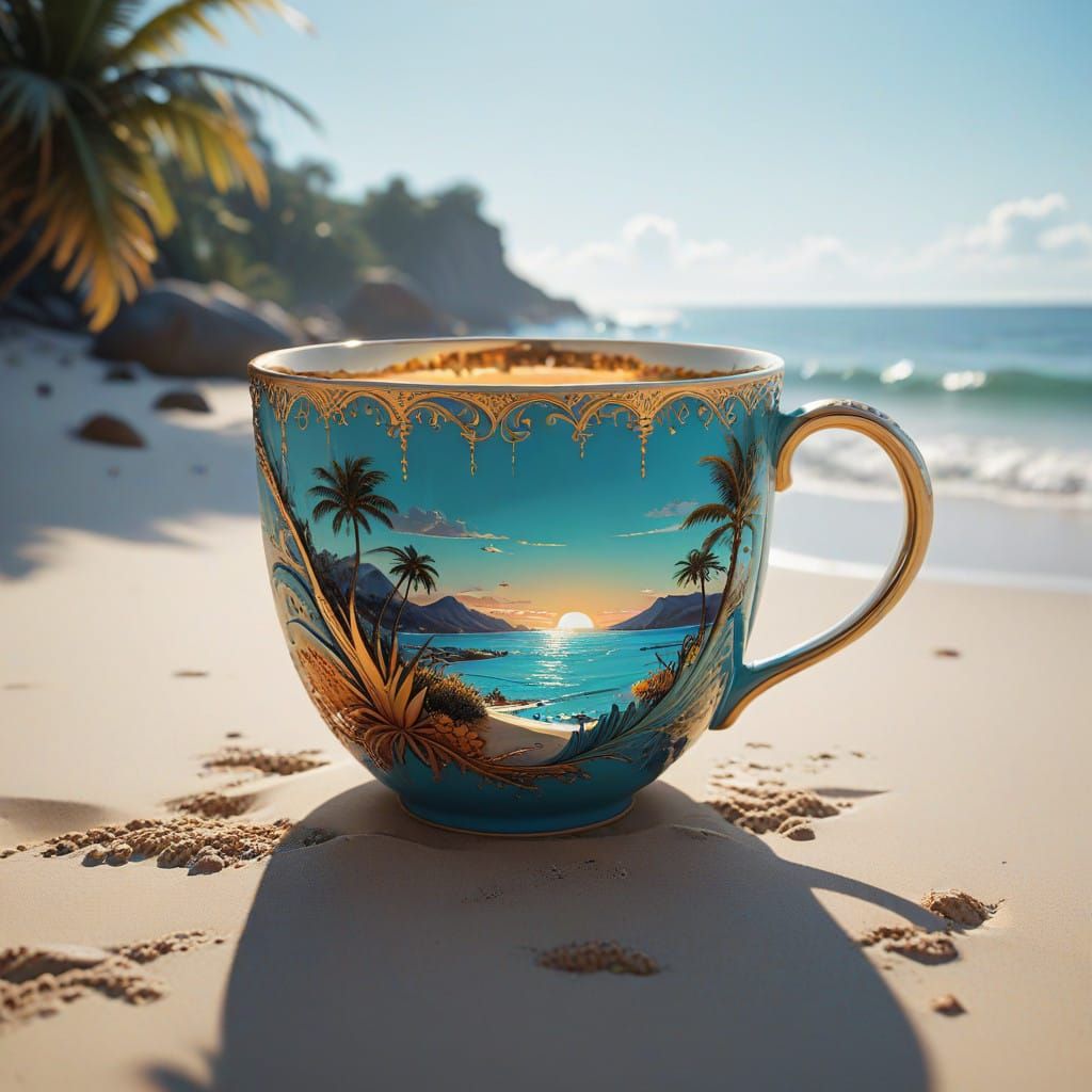 Surreal Beach Oasis in an Ornate Cup, in Dreamlike Digital A...