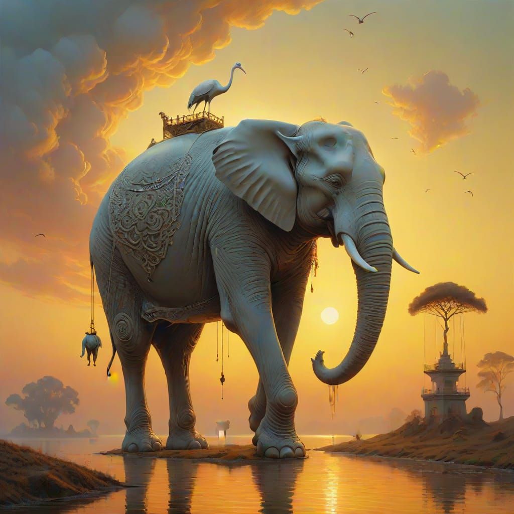 Surreal Porcelain Crane Lifts Elephant in Whimsical Scene
