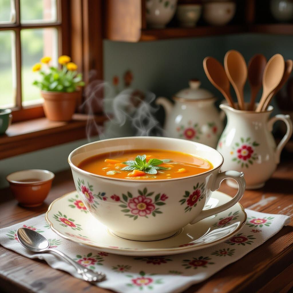 Hot Veggie Soup in Cozy Grandma's Kitchen, Folk Art Style