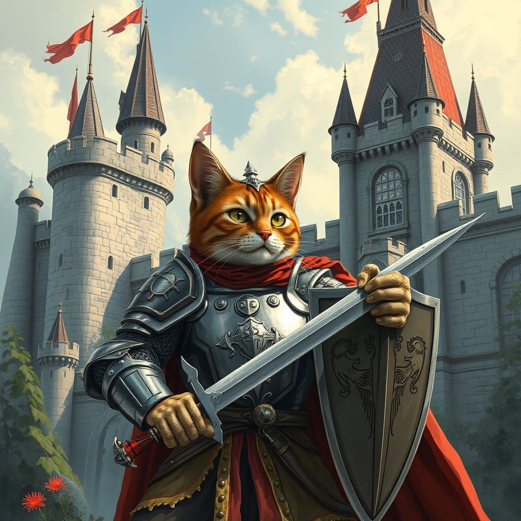 Regal Cat Knight Defends Medieval Castle