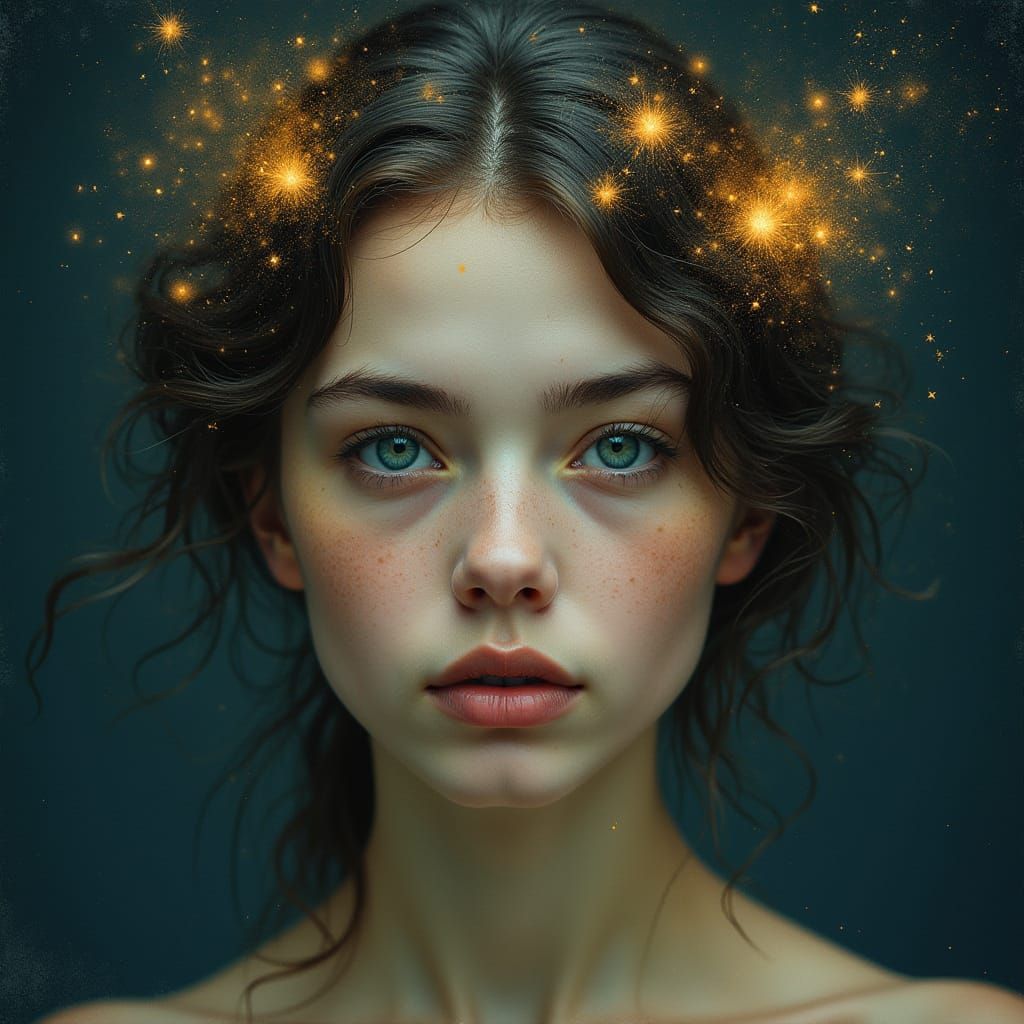 Ethereal Portrait with Crown of Stars in Pre-Raphaelite Styl...