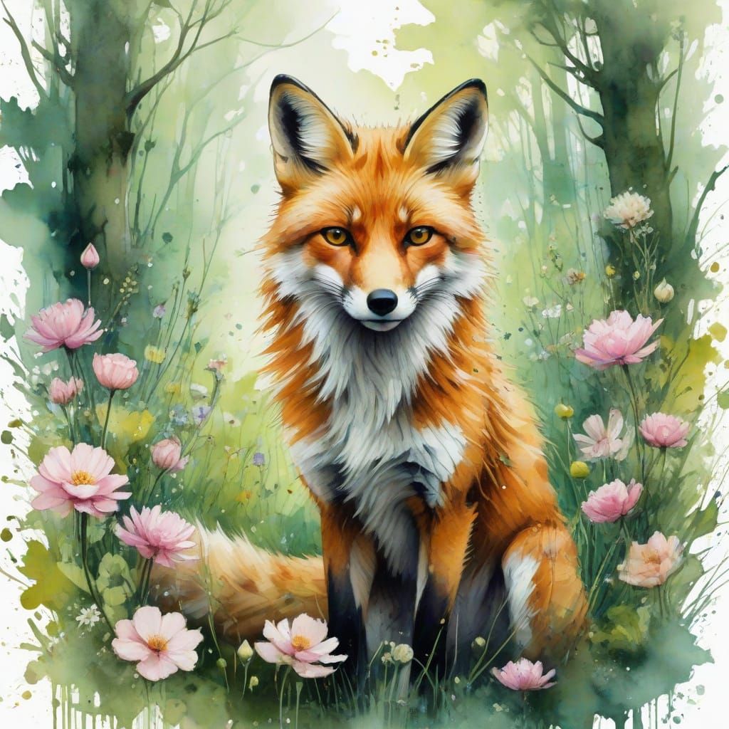 Enchanted Forest Glade with Fox in Watercolor Style