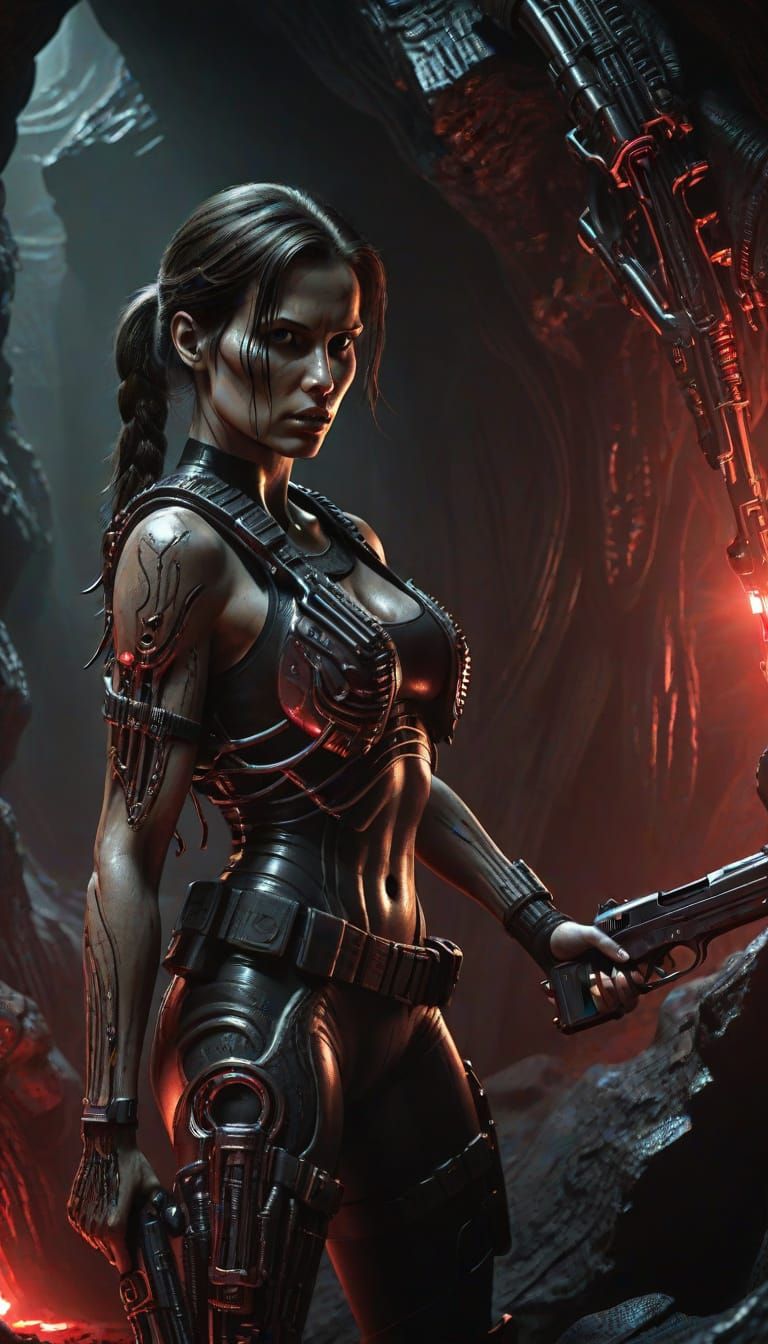 Biomechanical Laura Croft in Dark Cave