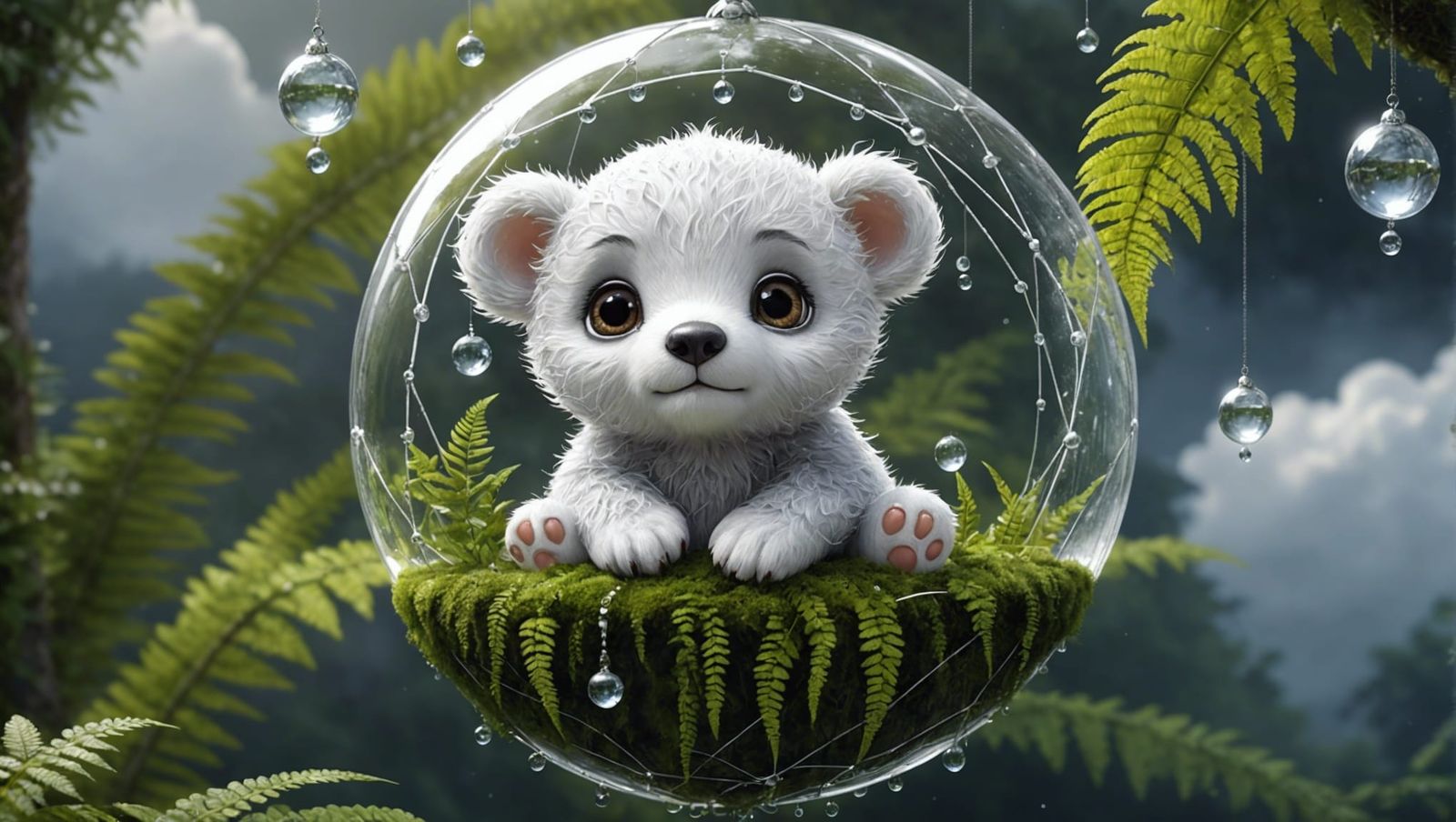 Cute Baby Bear Cub on Spiderweb, Miyazaki Style