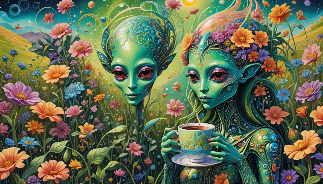 Alien Sipping Coffee: Surrealist Astral Dreamscape