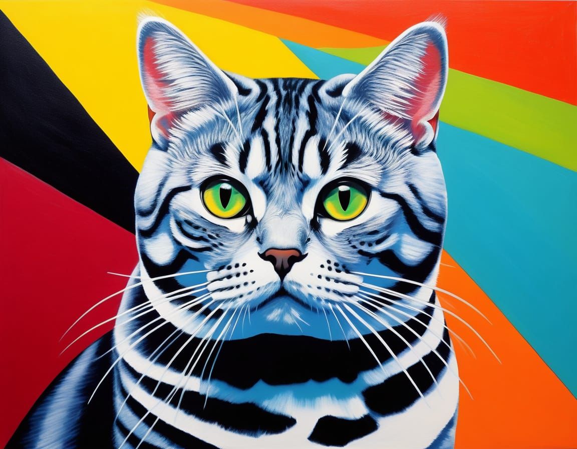 Surreal Silver Tabby Cat with OP Art Background