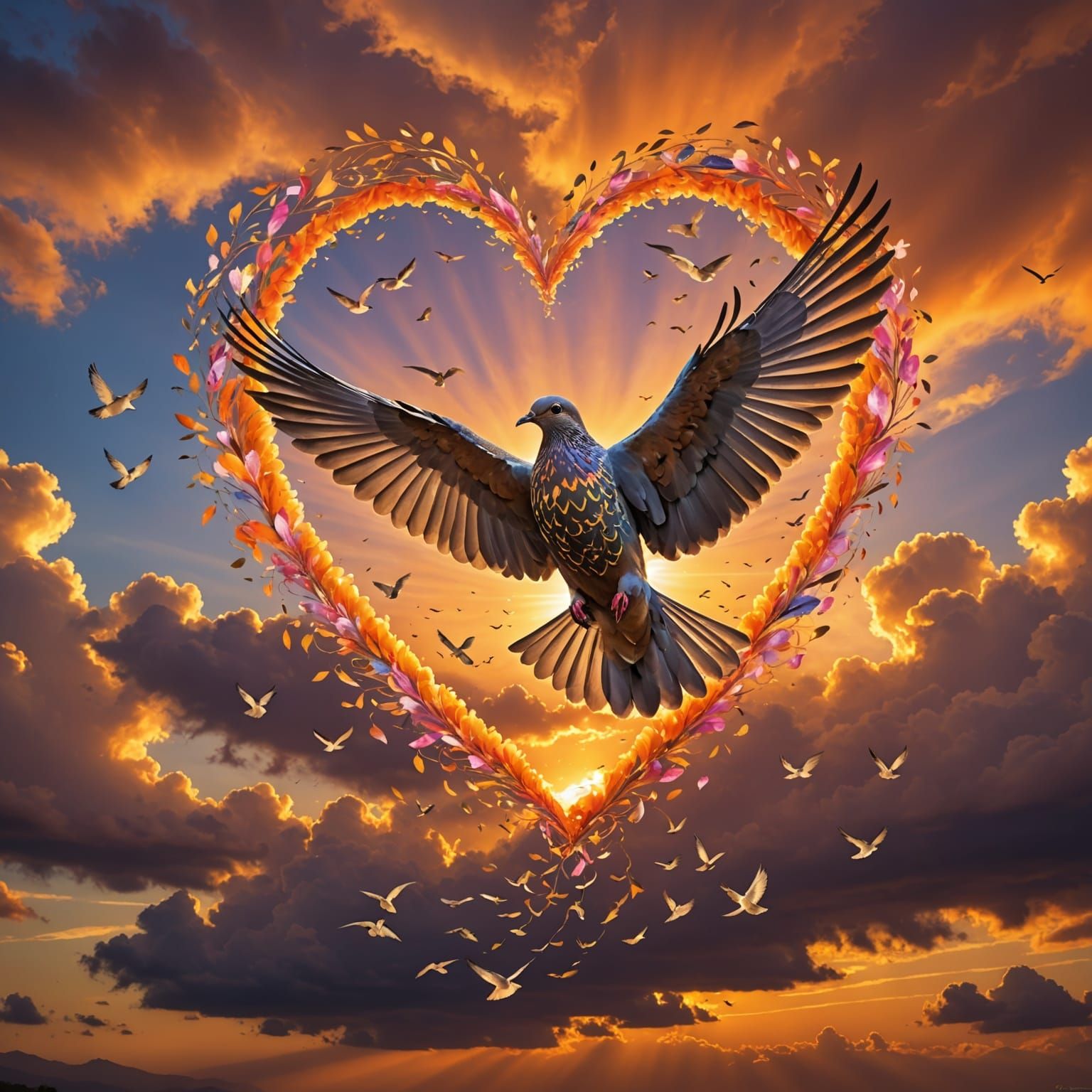 Doves in Unison Soar Amidst Vibrant Sunset