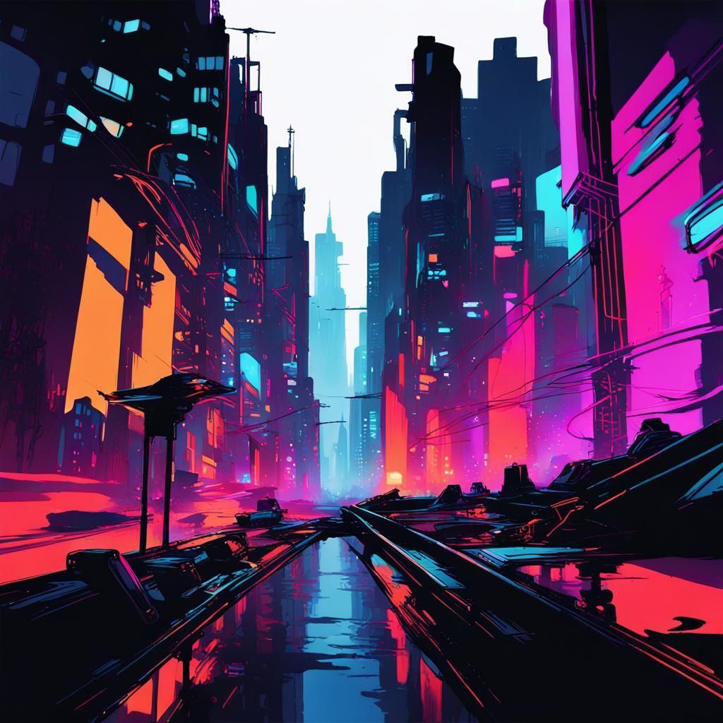 Neon Cyberpunk Cityscape at Night: Digital Art
