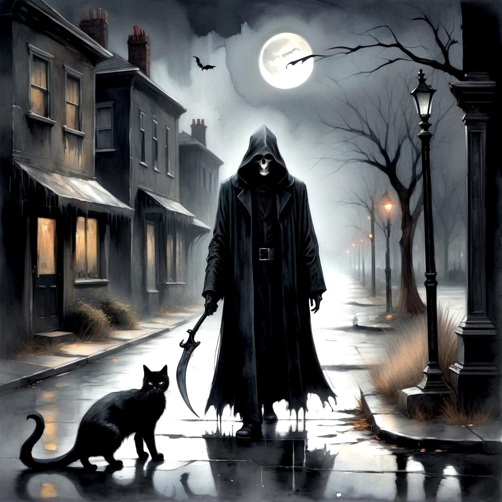 Grim Reaper and Black Cat in Acrylic Watercolor