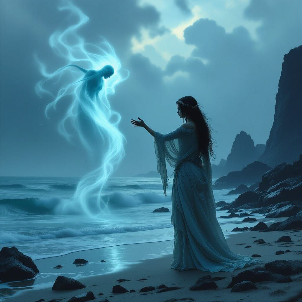 Mortal Woman Reaches for Ethereal Water Spirit on Stormy Sho...
