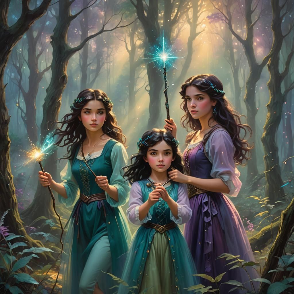 Enchanted Forest: Two Girls with Magic Wands