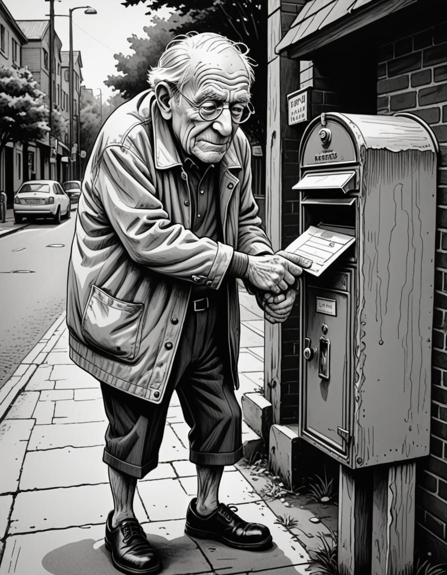 Cartoon Sketch of Old Man Stuck in Mailbox