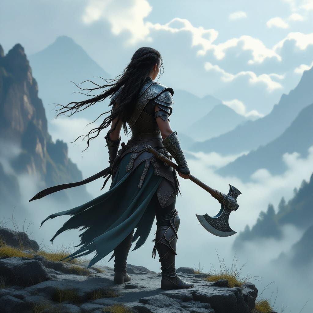 Epic Female Warrior Overlooking Misty Valley