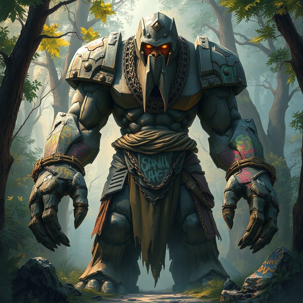 Cyberpunk Golem Emerges from Vast, Lush Jungle