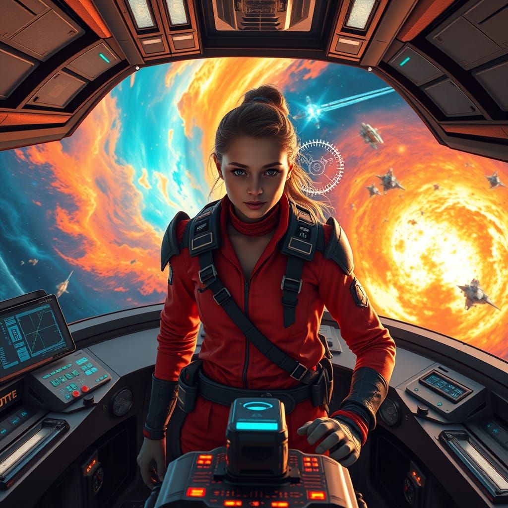 Heroic Female Captain Enters Epic Space Battle in Vibrant Ne...