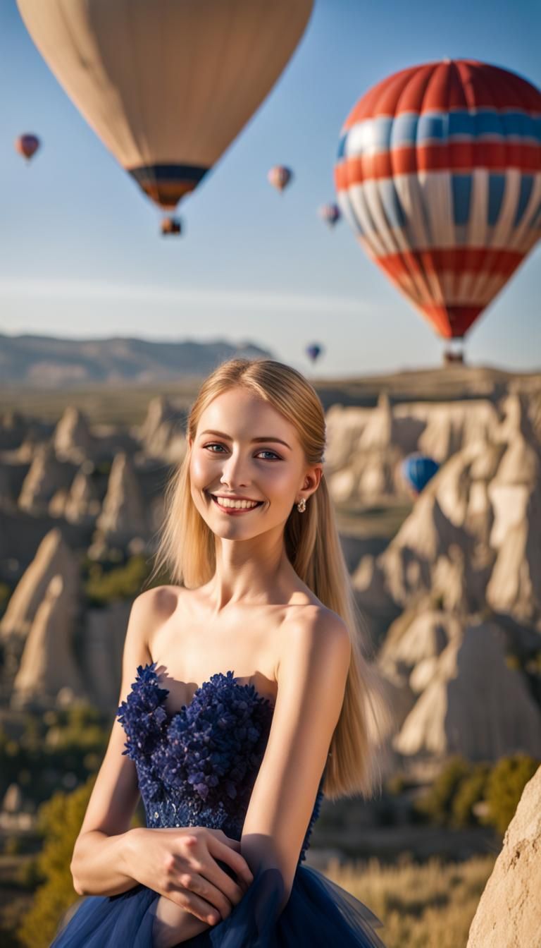 Woman in Blue Dress Dancing in Cappadocia