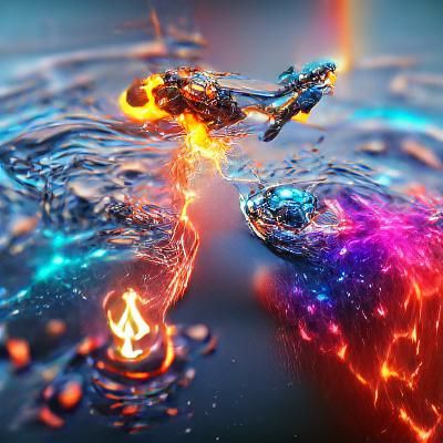 Cosmic War: Fire and Water in Holographic Illustration