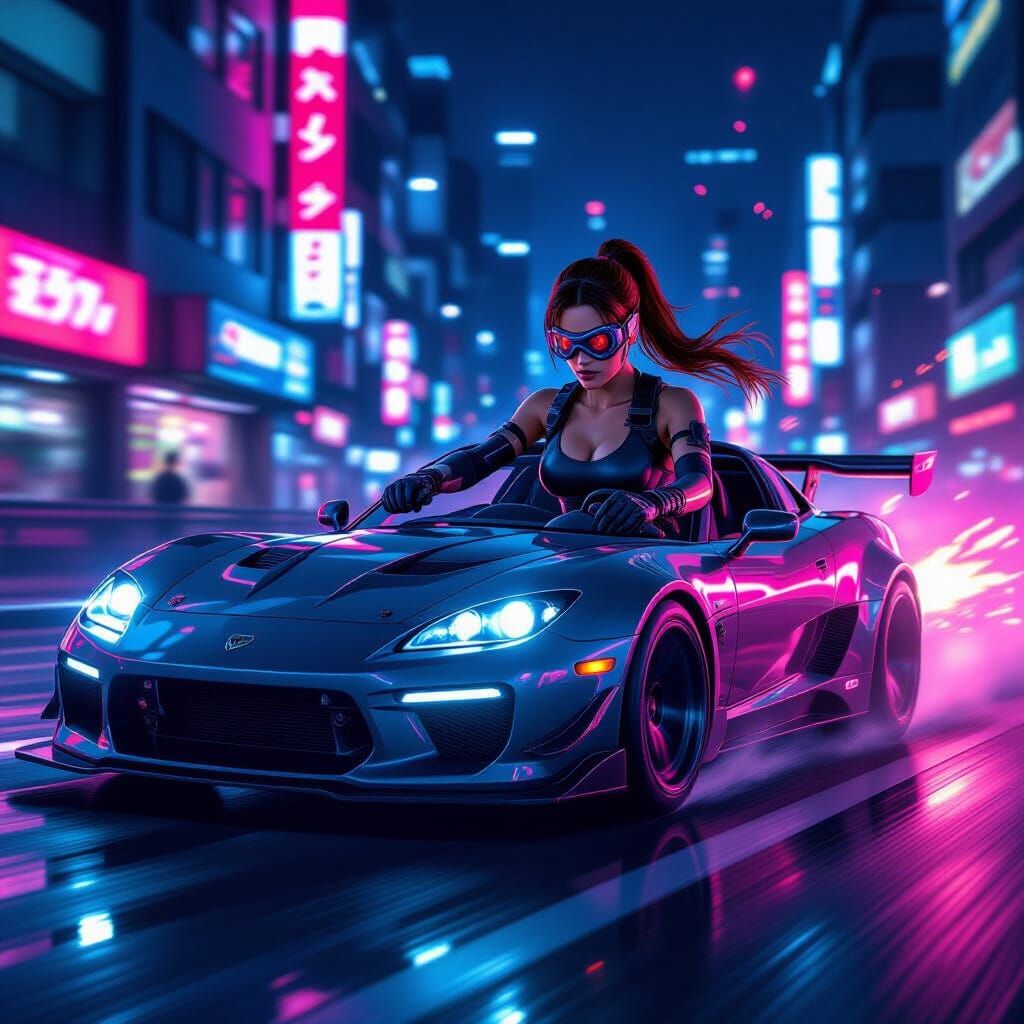 Lara Croft Races Muscle Car on Neon Tokyo Streets