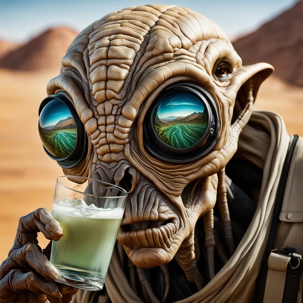 Arachnoid Alien Drinks at Oasis in Photorealistic Style