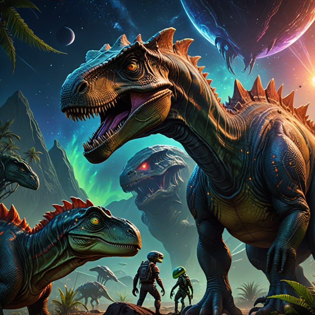 Dinosaur Holds Alien in Cosmic Sci-Fi Digital Painting