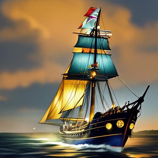 Viking Longship at Night in Bright Moonlight