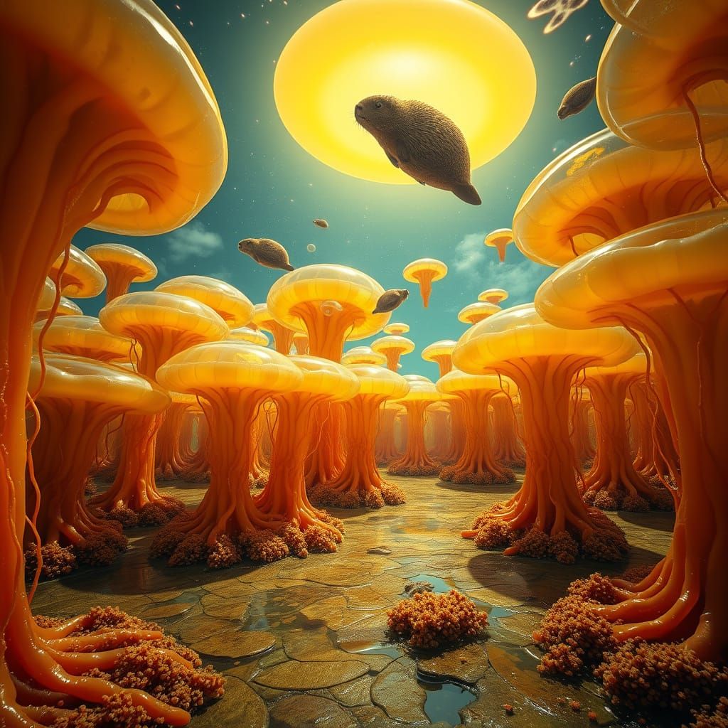 Surreal Jelly Grove with Orbiting Beavers in Pudding Sky