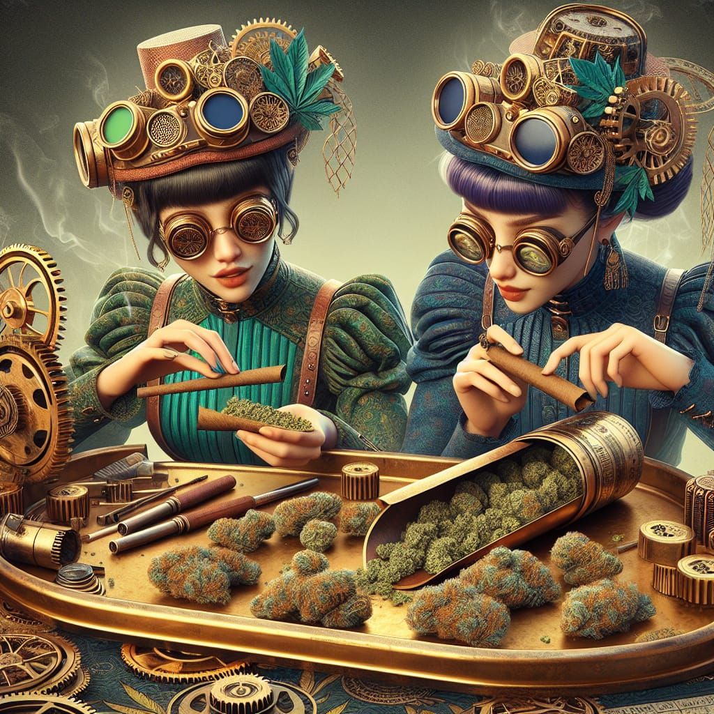 Steampunk Girls Roll a Blunt: 3D Digital Art