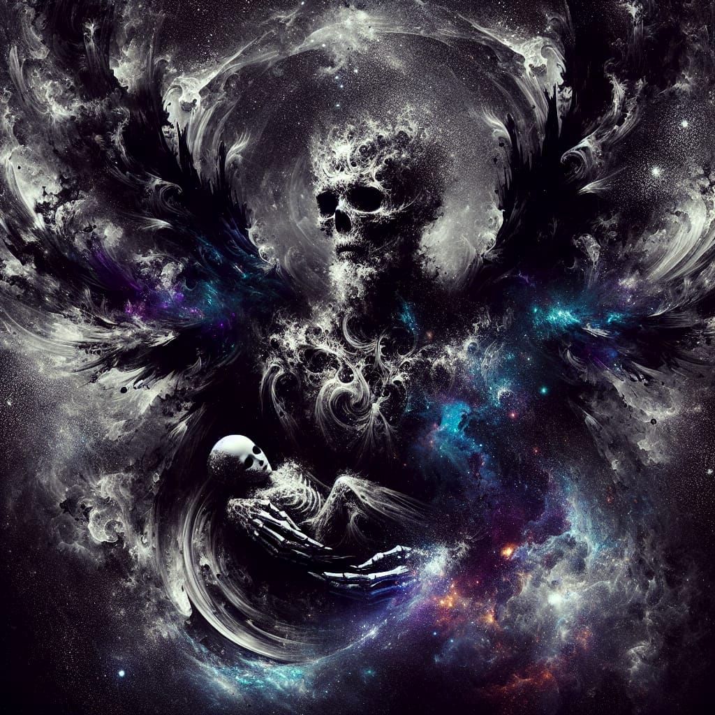 Cosmic Death Embraces Child: Surrealist Oil Painting