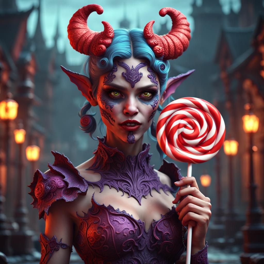 Fantastical Demon Girl with Lollipop, Detailed Matte Paintin...