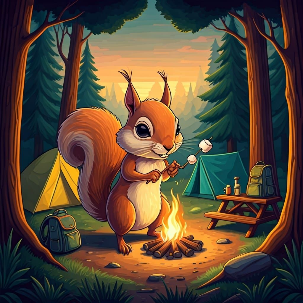 Mischievous Squirrel's Campfire Chaos: Cartoon Graffiti Art