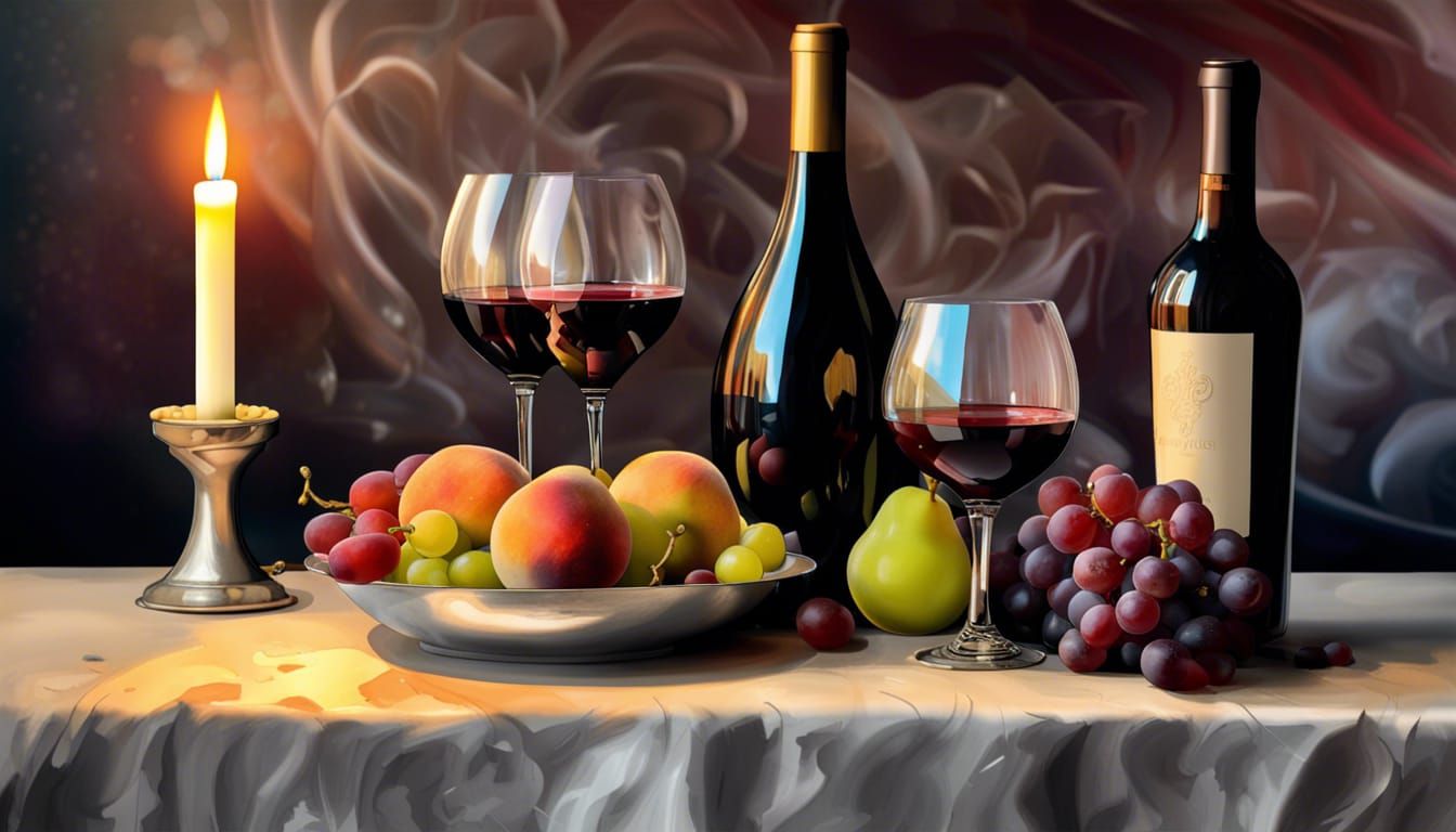 Elegant Fruit Bowl and Wine in Graffiti Art
