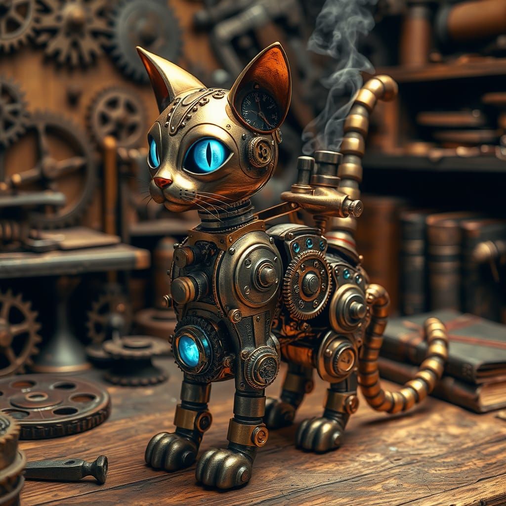 Steampunk Automaton Cat in Victorian Workshop