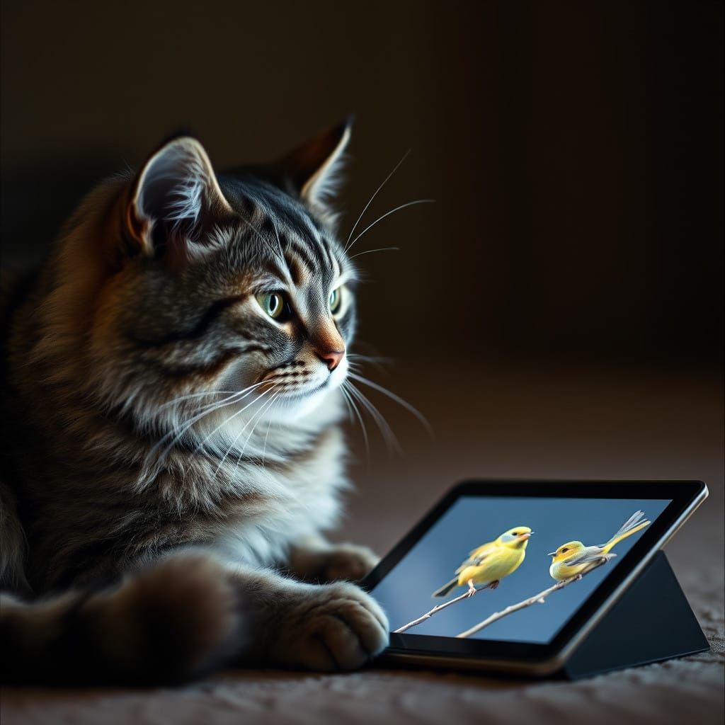 Grey Tabby Cat Enchanted by Bird Show on Tablet