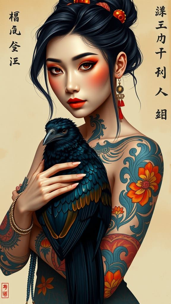 Tribal Goddess with Raven, in Cyberpunk Digital Art